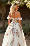 Off the Shoulder White Tulle A Line Embroidered Sweep Train Wedding Dress