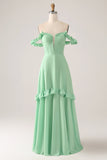 Green A Line Off The Shoulder Corset Maxi Bridesmaid Dress With Ruffles