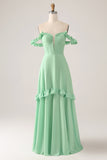 Green A Line Off The Shoulder Corset Bridesmaid Dress With Ruffles