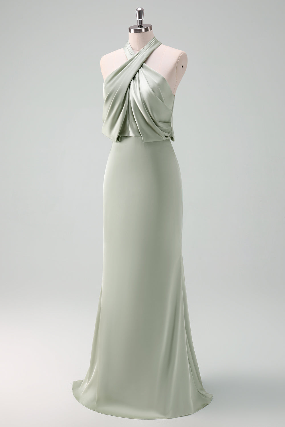halter top bridesmaid dress Zapaka Women Dusty Sage Bridesmaid Dress Halter Neck Satin Sheath Long Wedding Guest Dress, Satin color / US24W