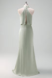 Dusty Sage Sheath Halter Neck Satin Long Bridesmaid Dress