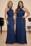 Halter Navy Sheath Ruched Satin Long Choir Dress