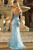 Blue Off The Shoulder Mermaid Beaded Long Prom Dress with Slit