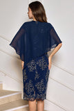 Navy Sheath Tea Length Appliqued Mother of the Bride Dress with Wrap