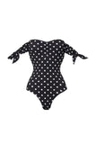 Off the Shoulder 2 Piece Black White Dots Swimsuit with Cover Up Skirt