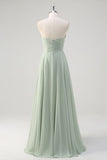 Matcha A Line Strapless Ruched Chiffon Long Bridesmaid Dress