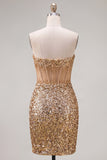 Sparkly Golden Bodycon Sweetheart Sheer Corset Sequins Homecoming Dress