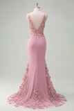Mermaid Taro V-Neck Ruched Long Prom Dress with Appliqued 3D Flowers