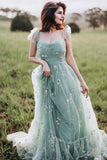 Green Tulle A-Line Spaghetti Straps Ruched Long Prom Dress with Embroidery