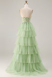 Strapless Green A Line Corset Tiered Ruffle Tulle Long Prom Dress with Slit