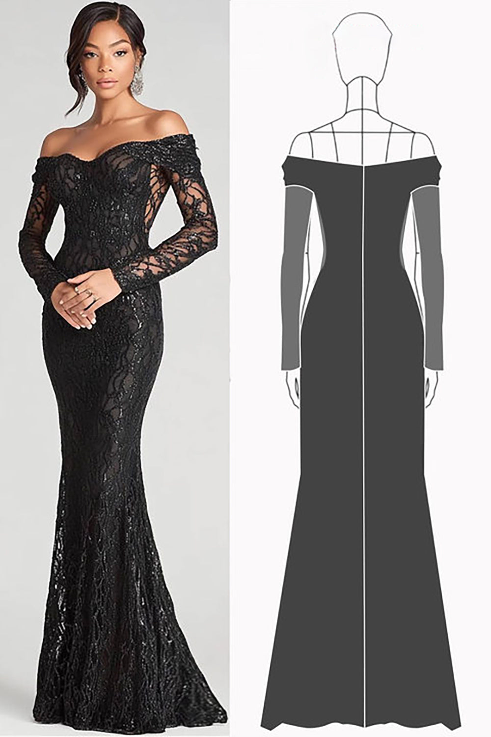 ZAPAKA Women Black Formal Dress Sheath Off The Shoulder Long Sleeves Mesh And Lace Long Formal Wear Dress ZAPAKA Women Black Formal Dress Sheath Off The Shoulder Long Sleeves Mesh And Lace Long Formal Wear Dress