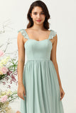 A Line Spaghetti Straps Dusty Sage Long Bridesmaid Dress with Ruffles