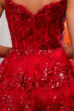 Sparkly Red Corset Tiered Lace A-Line Short Homecoming Dress