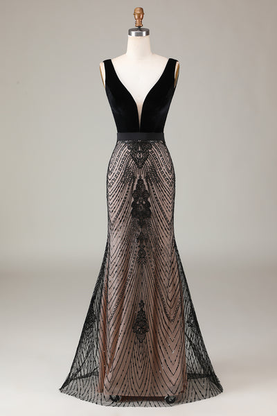 Zapaka Women's Evening Dress Black V-neck Mermaid Beaded Long Sequins ...