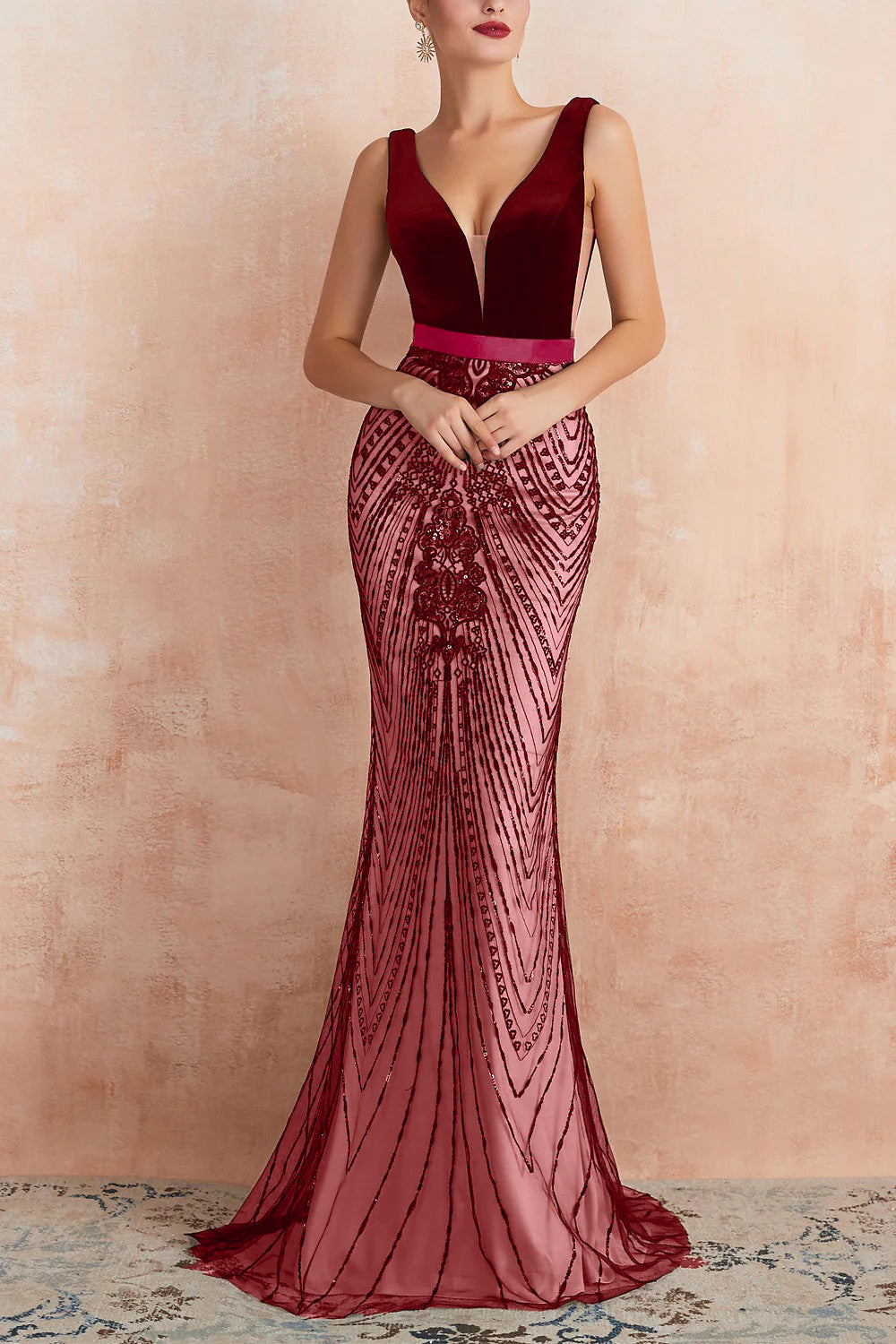 sparkly burgundy mermaid prom dress Burgundy Sequins Sparkly Strapless Mermaid Long Train Prom Dress