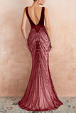 Sparkly Burgundy Mermaid Deep V Neck Long Prom Dress with Open Back