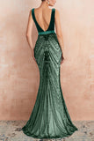 Mermaid Deep V Neck Black Long Prom Dress with Open Back