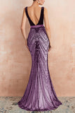 Sparkly Burgundy Mermaid Deep V Neck Long Prom Dress with Open Back