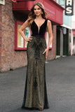 Mermaid Deep V Neck Black Long Prom Dress with Open Back