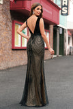 Mermaid Deep V Neck Black Long Prom Dress with Open Back