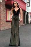 Sparkly Black Mermaid Deep V-Neck Long Prom Dress with Open Back