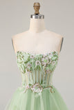 Strapless Green A Line Corset Tiered Ruffle Tulle Long Prom Dress with Slit