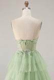 Strapless Green A Line Corset Tiered Ruffle Tulle Long Prom Dress with Slit