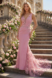 Mermaid Taro V-Neck Ruched Long Prom Dress with Appliqued 3D Flowers