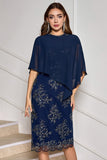 Navy Sheath Tea Length Appliqued Mother of the Bride Dress with Wrap