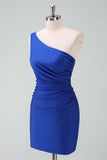 Royal Blue One Shoulder Bodycon Ruched Short Homecoming Dress