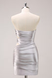 Silver Strapless Hollow Out Pleated Tight Homecoming Dress with Beading