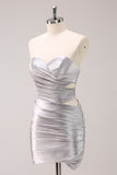 Silver Strapless Hollow Out Pleated Tight Homecoming Dress with Beading