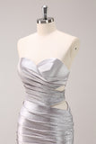 Silver Strapless Hollow Out Pleated Tight Homecoming Dress with Beading