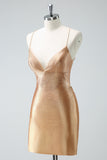 Golden Bodycon Spaghetti Straps Ruched Beaded Homecoming Dress with Lace Up Back