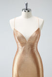 Golden Bodycon Spaghetti Straps Ruched Beaded Homecoming Dress with Lace Up Back