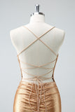 Golden Bodycon Spaghetti Straps Ruched Beaded Homecoming Dress with Lace Up Back