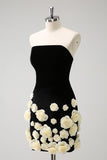 Black Strapless Bodycon Short Homecoming Dress with 3D Flowers