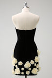 Black Strapless Bodycon Short Homecoming Dress with 3D Flowers