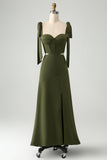 Olive  A Line Spaghetti Straps Floor Length Wedding Guest Dress with Slit
