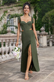 Olive A Line Spaghetti Straps Floor Length Bridesmaid with Slit