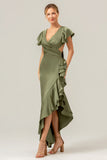 Olive A Line V Neck Satin Asymmetrical Bridesmaid Dress with Ruffle Slit