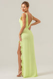 Lime Sheath Deep V Neck Backless Long Bridesmaid Dress with Ruffle Slit