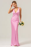 Pink Mermaid V Neck Satin Long Bridesmaid Dress