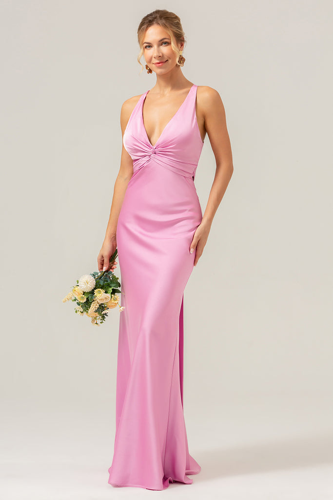 ZAPAKA Women Pink Bridesmaid Dress with Lace Up Back Mermaid V Neck ...