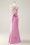 Pink Mermaid V Neck Satin Long Bridesmaid Dress