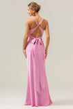 Pink Mermaid V Neck Ruched Satin Long Bridesmaid Dress with Lace Up Back