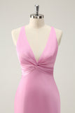 Pink Mermaid V Neck Satin Long Bridesmaid Dress