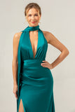 Peacock Sheath V-Neck Backless Long Bridesmaid Dress with Slit