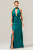 Peacock Sheath V-Neck Backless Long Bridesmaid Dress with Slit