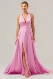 Pink A Line V-Neck Backless Satin Long Bridesmaid Dress with Slit